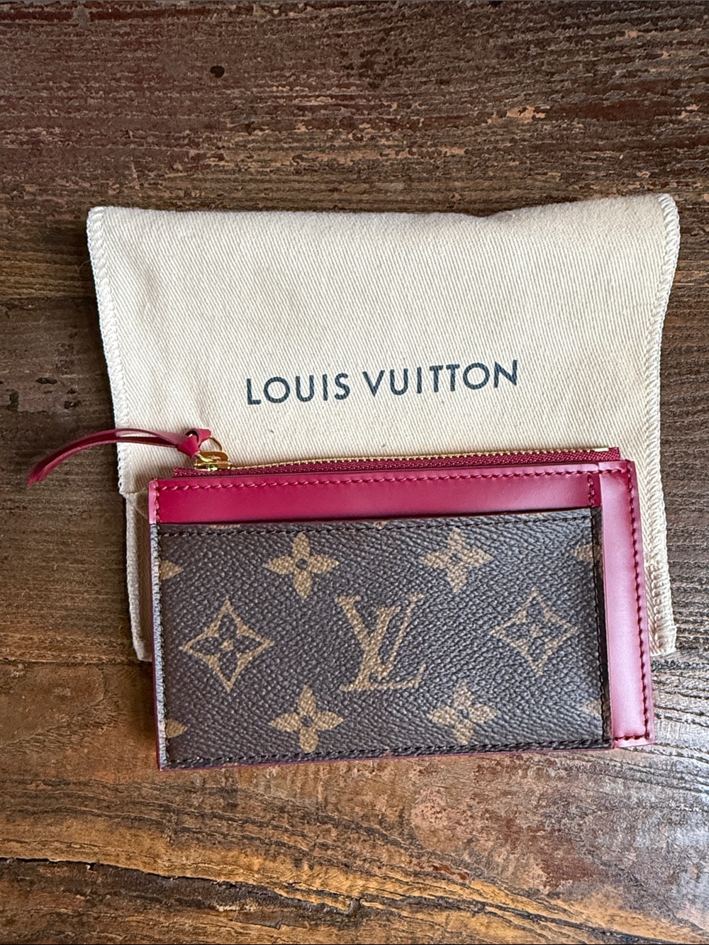 Louis Vuitton Brown Monogram Card Case with Burgundy Trim
